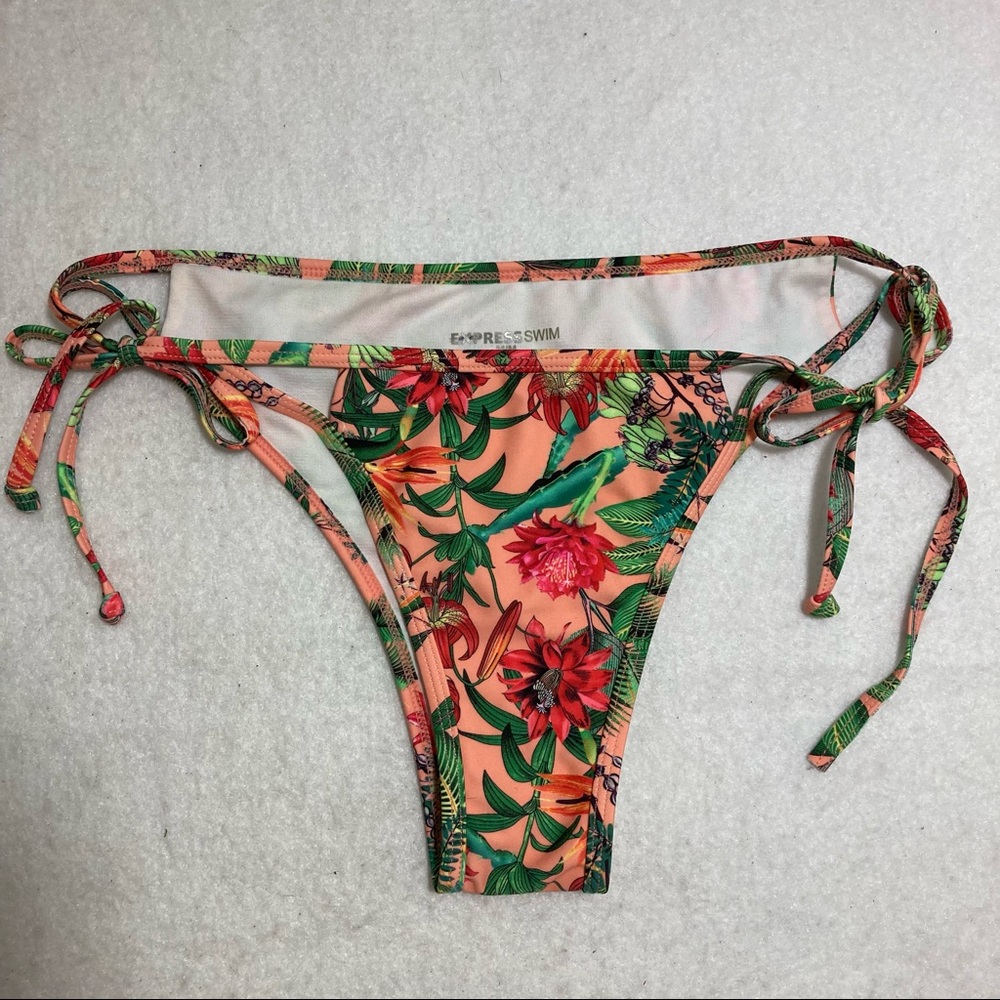 Express Swim Floral Bikini Bottom Size M Strappy Sexy Green Peach Bathing Suit